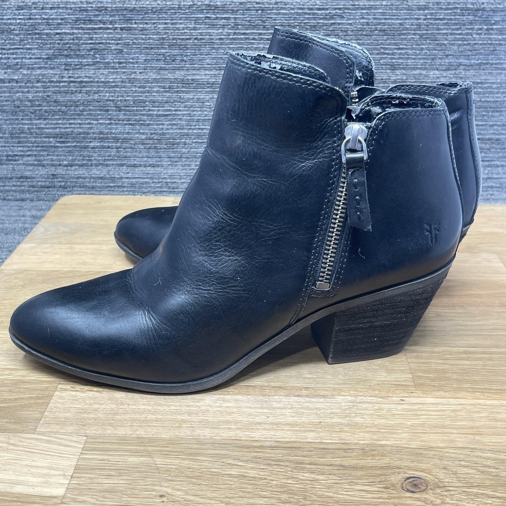 Frye Judith Boots Women‎ 8.5 Black Leather Double Zip Ankle Heel Booties Biker - Picture 3 of 16